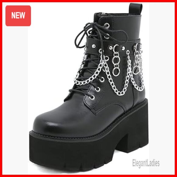 Shoes - Platform Combat Boots with Detachable Chain, Chunky Heel, Lace Up & Zipper